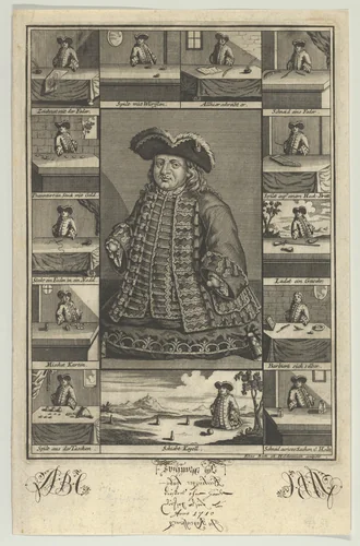 Portrait of Matthias Buchinger Surrounded by Thirteen Vignettes by Elias Baeck, print, 1710