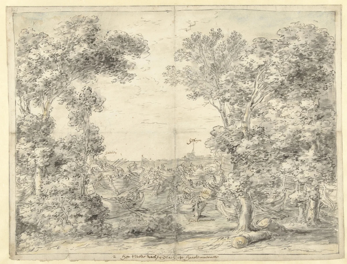 Slag op het Haarlemmermeer, 1573 by Leonaert Bramer, drawing, 1606-1674