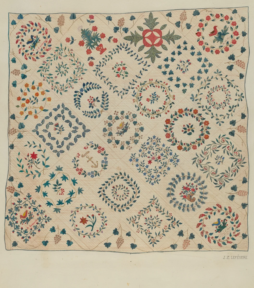 Applique Quilted Coverlet by Jules Lefevere, index of american design, 1936