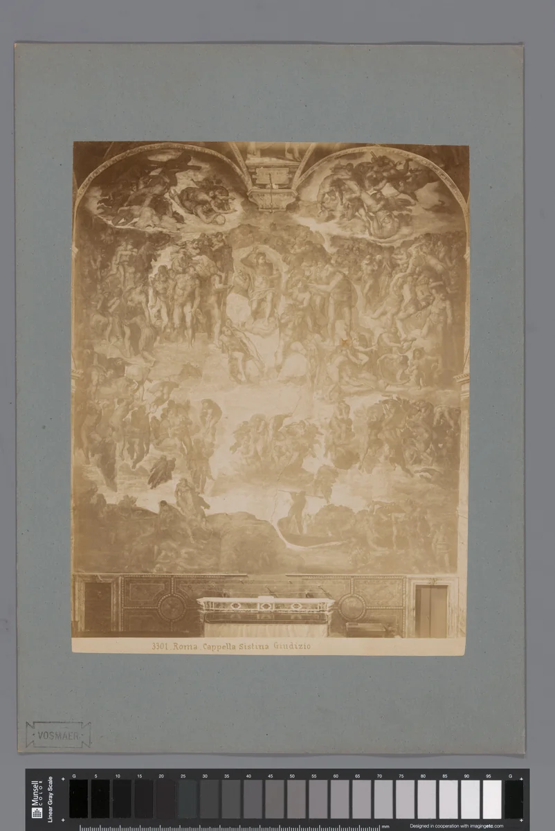 Fotoreproductie van een fresco van het Laatste Oordeel door Michelangelo in de Sixtijnse kapel by anonymous, photograph, 1851-1900