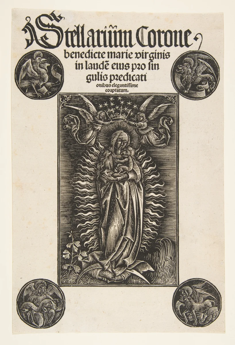 Virgin on a Crescent, title page from Pelbartus de Temesvar's "Stellarium corone" by Daniel Hopfer, print, 1502