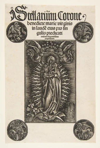 Virgin on a Crescent, title page from Pelbartus de Temesvar's "Stellarium corone" by Daniel Hopfer, print, 1502