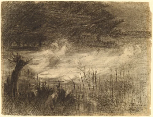 Woman Floating in a River Attended by Several Female Spirits by Frederick Trapp Friis, drawing, 1895