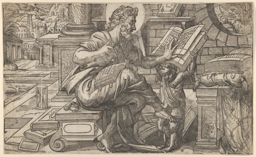 Saint Matthew seated and reading from a book held by a putto, set within a fanciful architectural backdrop, from a series of woodcuts of the Four Evangelists, copy after Rue Montorgueil woodcut by Anthony van Leest, print, 1565-1575