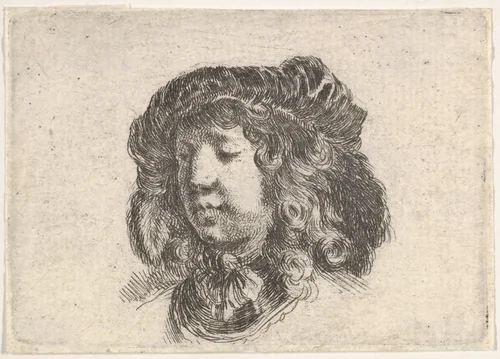 Head of a young man in a cap adorned with a few feathers, turned three-quarters to the left, plate 34 from "Second collection of various doodles and etching proofs" (Second recueil de divers griffonnements et preuves d'eauforte) by Stefano della Bella, print, 1643-1648