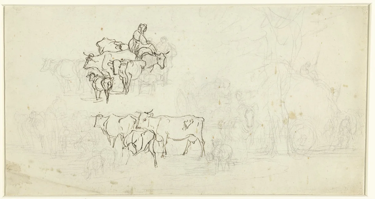 Studies van groepen runderen, een boerenkar en een hooiwagen by Jean Louis Demarne, drawing, 1754-1829