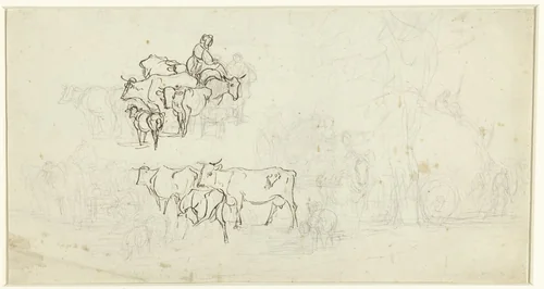 Studies van groepen runderen, een boerenkar en een hooiwagen by Jean Louis Demarne, drawing, 1754-1829