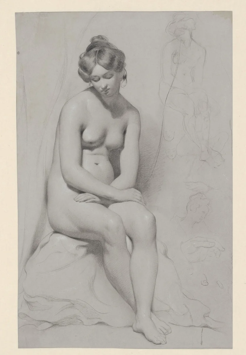 Zittend naakt vrouwelijk model met hoog kapsel, ernaast nogmaals geschetst by William Etty, drawing, 1797-1849