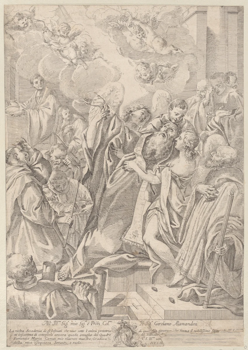 A saint at right, Saint John Nepomuk (?), surrounded by figures, raising his hands towards angels at upper left by anonymous, print, 1670-1731
