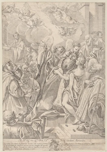 A saint at right, Saint John Nepomuk (?), surrounded by figures, raising his hands towards angels at upper left by anonymous, print, 1670-1731