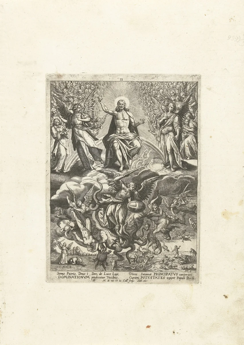 Christus met de engelen van middelste orde by Unknown, print, 1576-1628