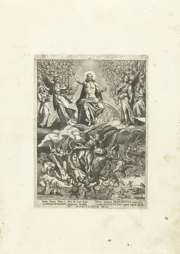 Christus met de engelen van middelste orde by Unknown, print, 1576-1628