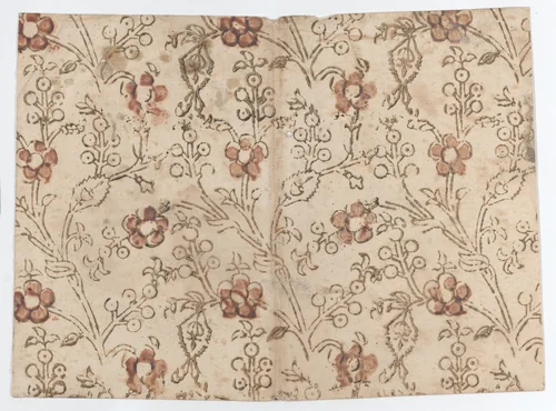 Book cover with overall floral and bud pattern by anonymous, print, 1800-1900