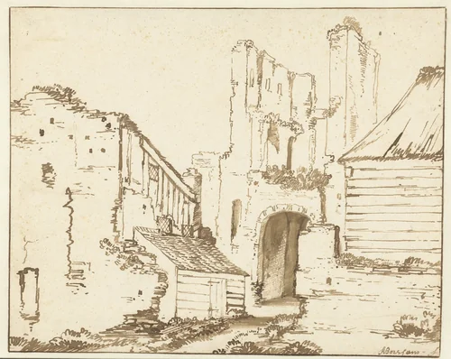 Voorpoort van de Ruïne van Brederode by Anthonie van Borssom, drawing, 1640-1677