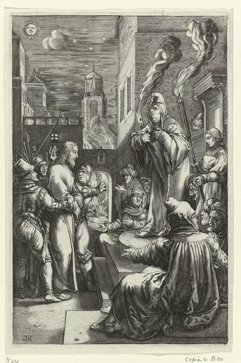 Christus voor Kajafas by anonymous, print, 1597-1667