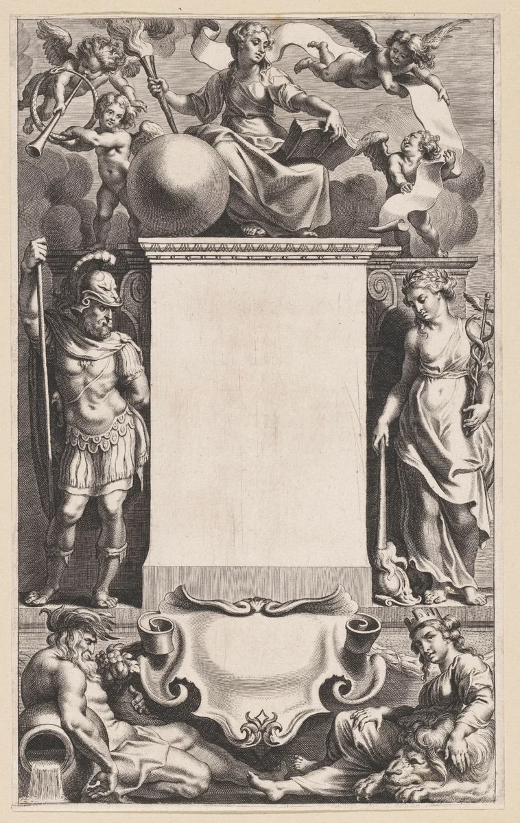 Tronende Historia met Mars en Vrede by Cornelis Galle, print, 1623
