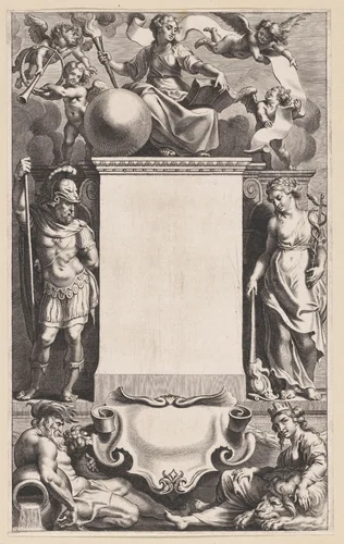 Tronende Historia met Mars en Vrede by Cornelis Galle, print, 1623