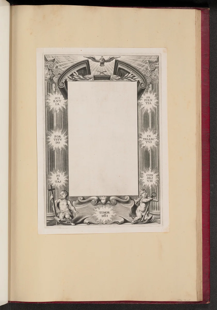 Border Illustration with Two Putti "Scientia, Fortitvdo, Pietas, Timor-DNI, Sapientia, Intellectvs, Consilivm" by Cornelis Galle, print, 1613-1646