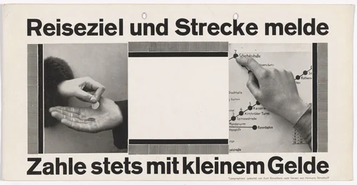Notice for display in streetcar, for Üstra (Überlandwerke und Strassenbahnen Hannover AG) (Notice reads, "Inform us of your route and where you want to go. And then pay us please use small change, once we know.") by Kurt Schwitters, design, 1929