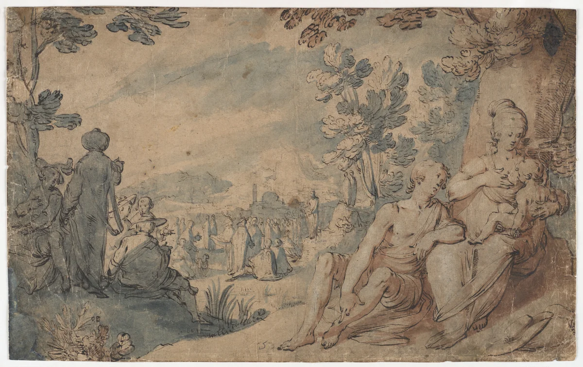 The Preaching of Saint John the Baptist by Gerrit Pietersz. Sweelink, drawing, 1598-1604