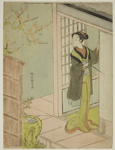 Beauty Admiring a Bush Warbler Singing in a Plum Tree by Suzuki Harunobu (鈴木春信), print, 1762-1770