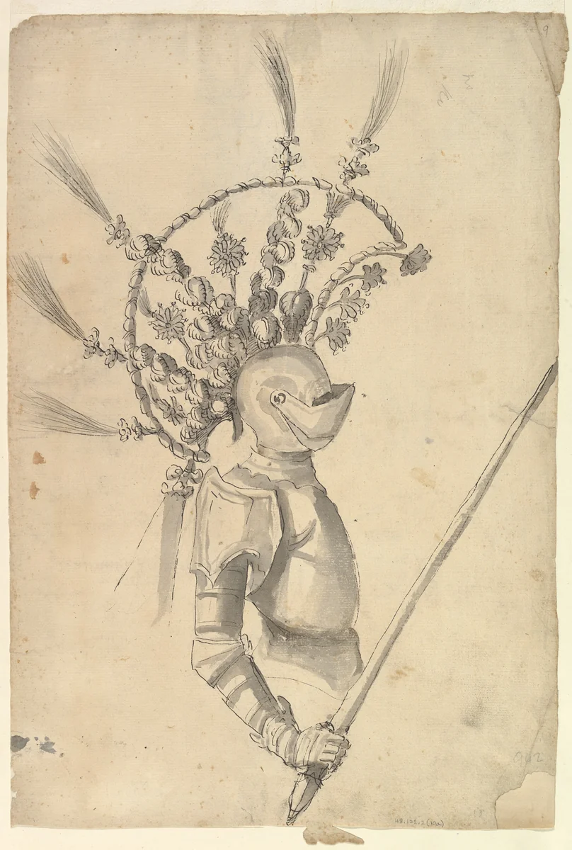 Design for an Armor with Tournament Headdress by Baccio del Bianco, drawing, 1604-1656