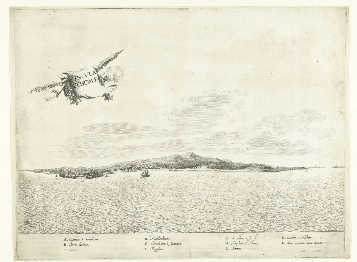 Gezicht op Sao Tomé, ca. 1641 by Jan van Brosterhuyzen, print, 1645-1647