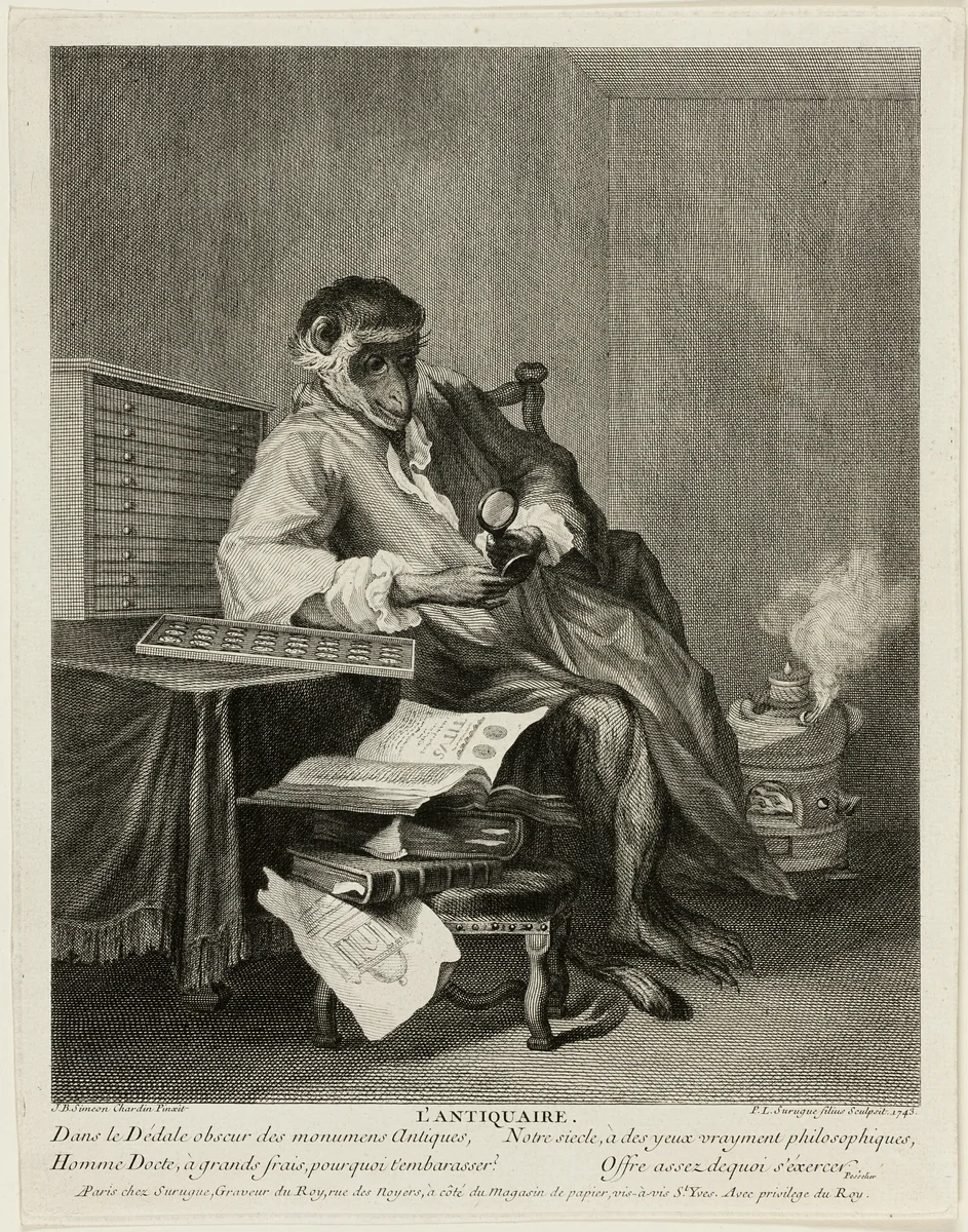 The Monkey Antiquarian by Pierre-Louis de Surugue, print, 1743