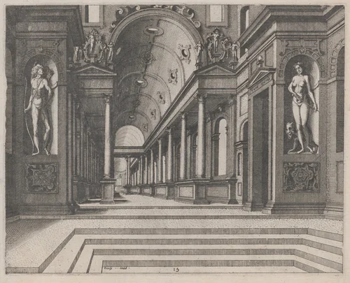 View in a Church with Corinthian Columns and Statues of Apollo, Melpomene, and Moses by Lucas van Doetechum
Johannes van Doetechum the Elder
Hans Vredeman de Vries
Hieronymus Cock, portfolio, 1560