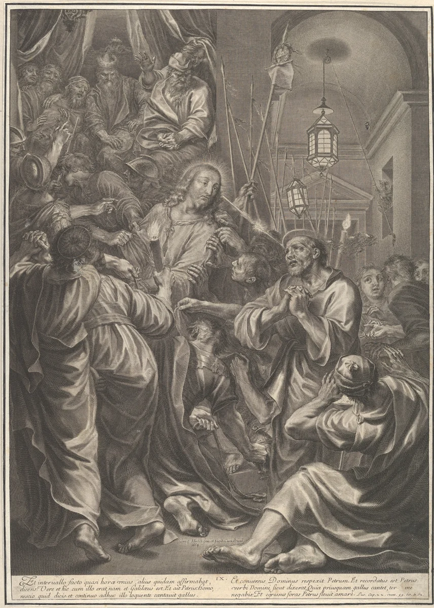 Christ Before Caiaphas looks to St. Peter, who Denies Him, from The Passion of Christ, plate 9 by Grégoire Huret, print, 1664