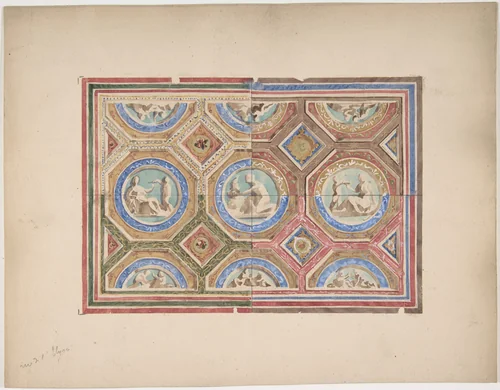 Design for Coffered Ceiling in Four Alternate Color Schemes, Empress Eugenie's Hotel by Jules-Edmond-Charles Lachaise, drawing, 1850-1900