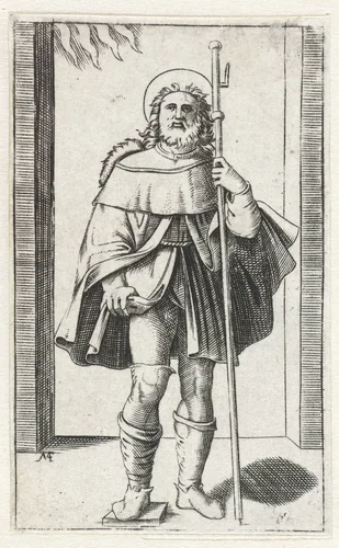 Heilige Rochus als pelgrim met pelgrimsstaf toont pestbult op been by anonymous, print, 1500-1575