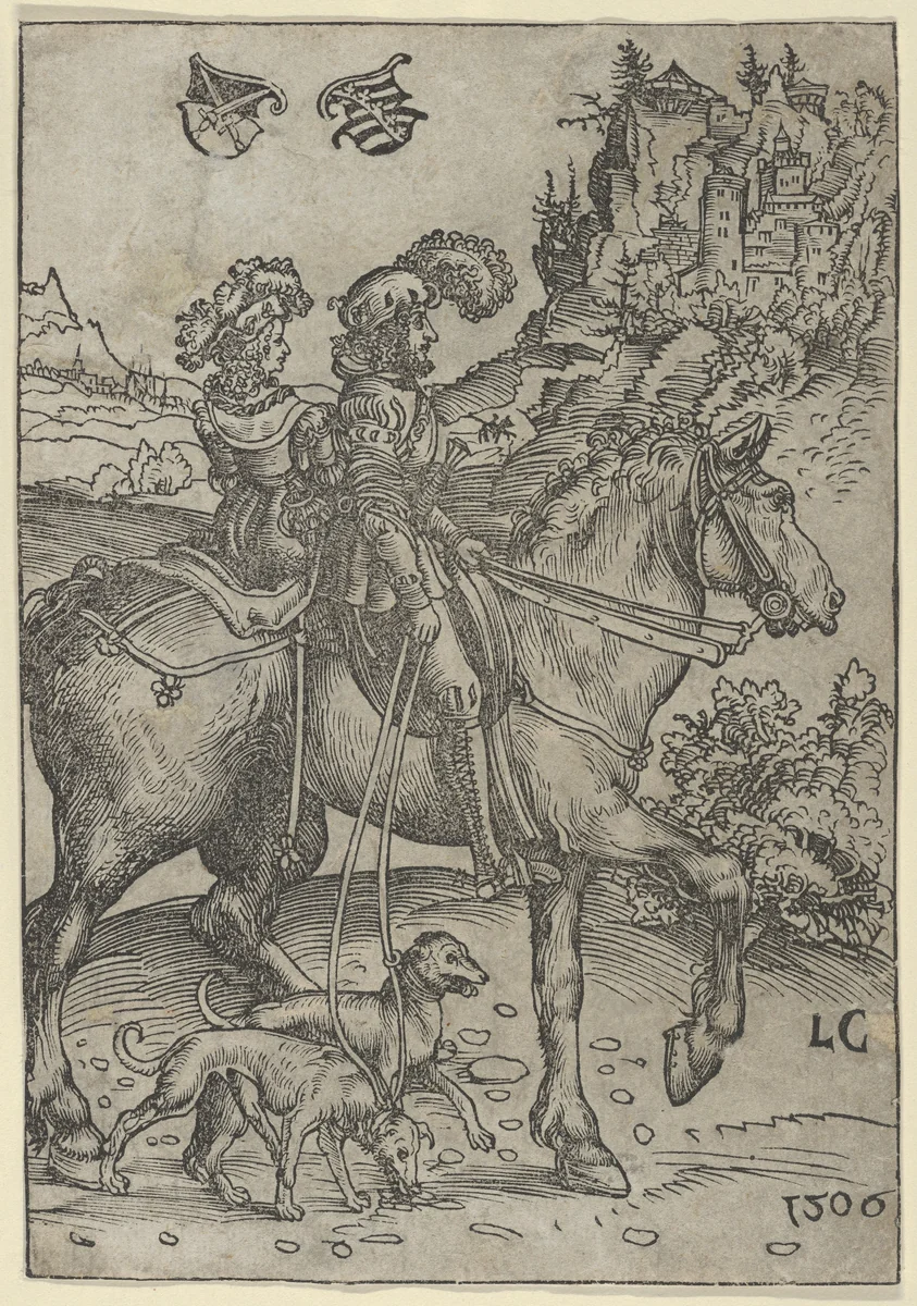 Gentleman and Lady Riding to the Hunt by Lucas Cranach, print, 1472-1553