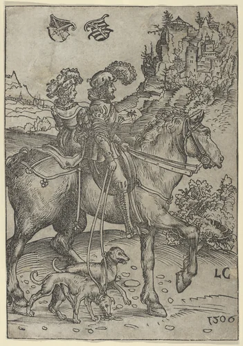 Gentleman and Lady Riding to the Hunt by Lucas Cranach, print, 1472-1553