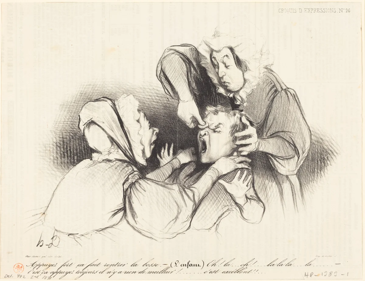 Appuyez fort, ça fait rentrer la bosse... by Honoré Daumier, print, 1838