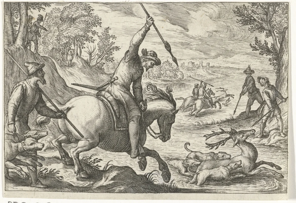 Landschap met hertenjacht by Egbert Jansz., print, 1598