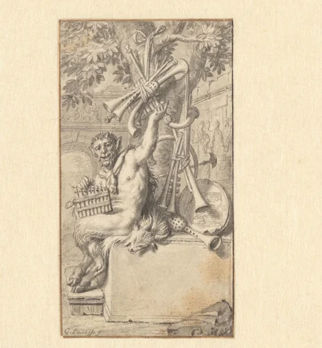 Sater met diverse muziekinstrumenten by Gerard de Lairesse, drawing, 1674-1679
