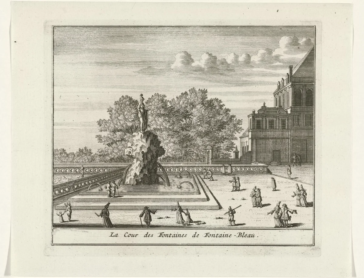 Gezicht op de Cour de la Fontaine van het paleis van Fontainebleau by Jan Lamsvelt, print, 1726-1743