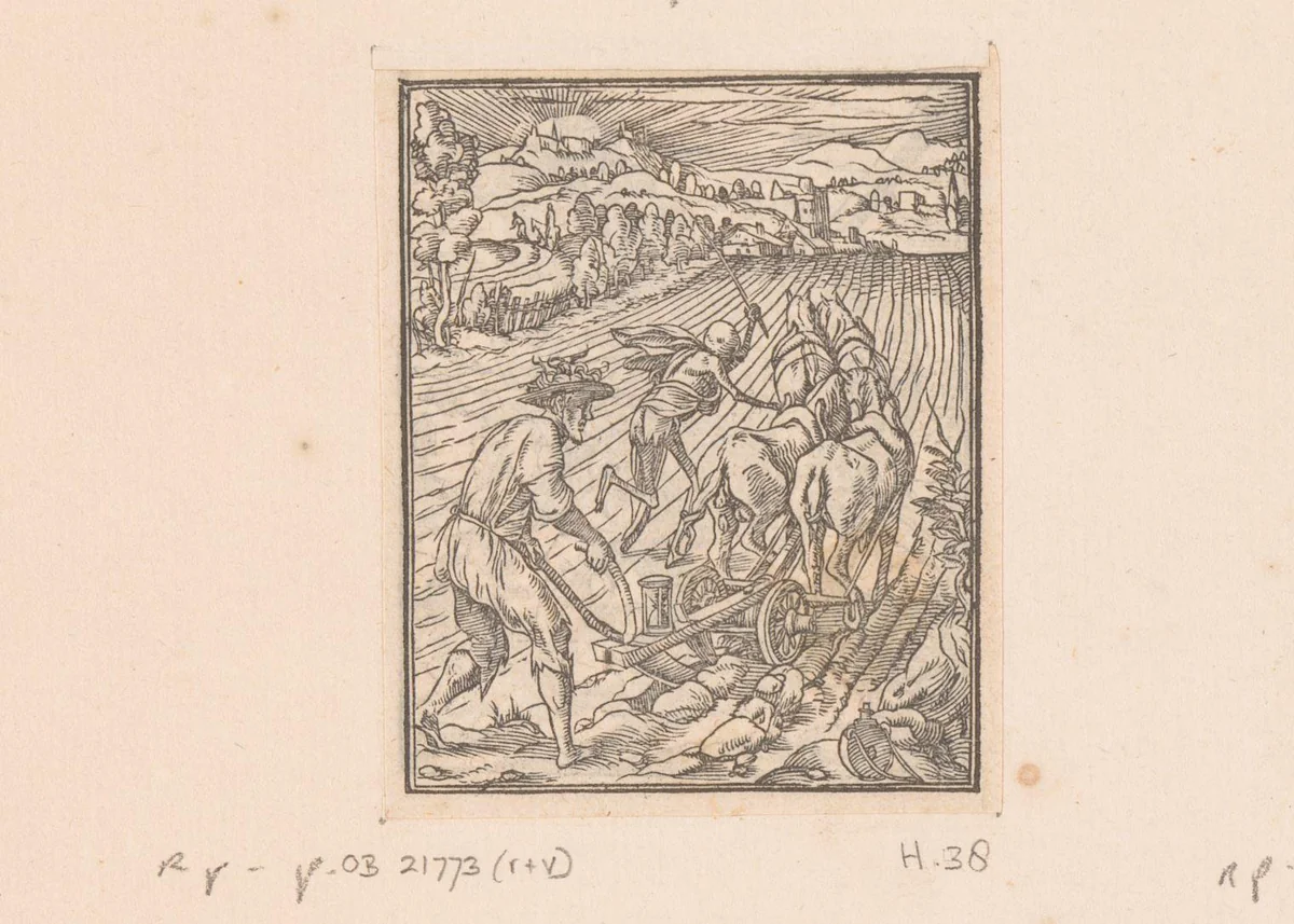 Ploegende boer met de Dood by anonymous, print, 1547