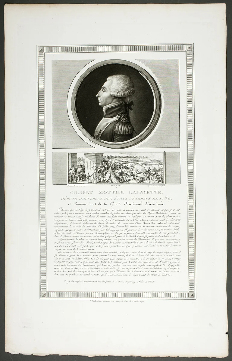 Gilbert Mottier Lafayette, Deputy State General of Auvergne, from Tableaux historiques de la Révolution Française by Jean Duplessi-Bertaux, print, 1798-1804