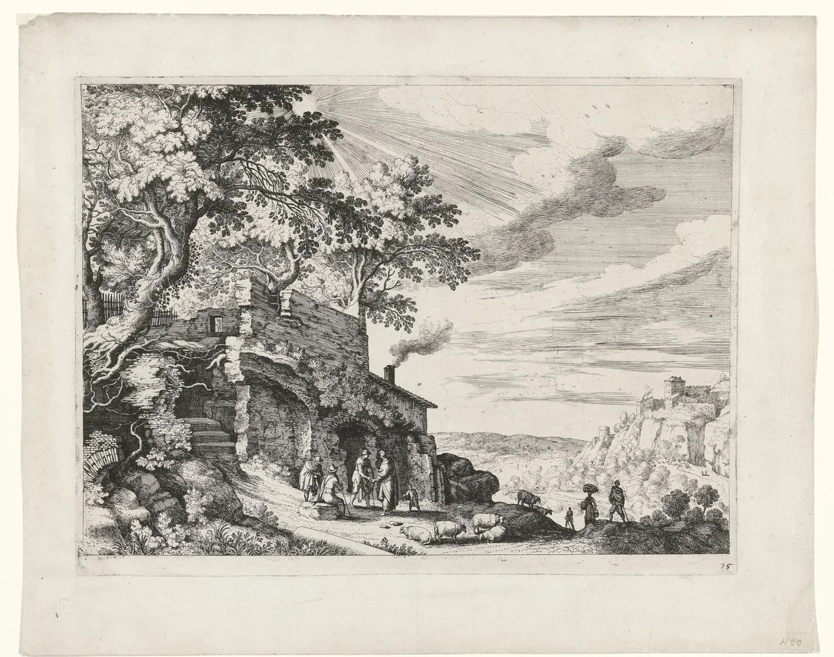 Herders bij een ruïne by Guilliam van Nieulandt, print, 1594-1635