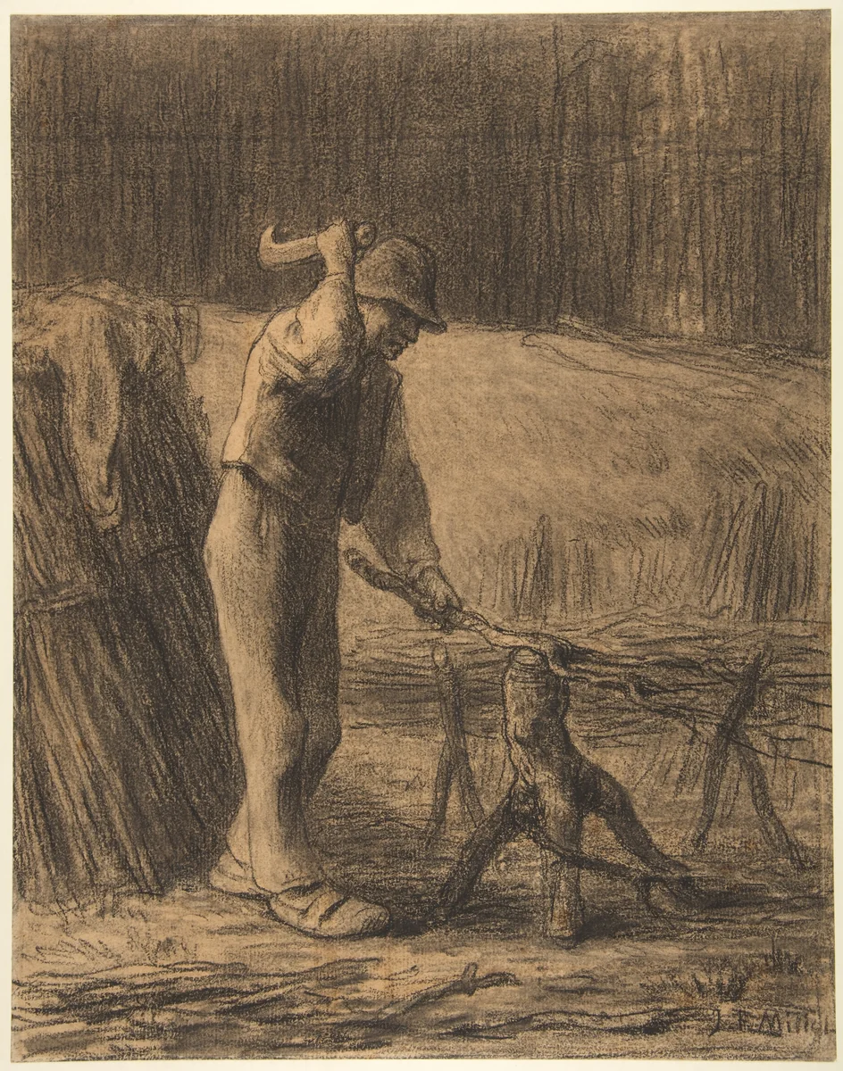 Woodcutter Trimming Faggots by Jean-François Millet, drawing, 1853-1854