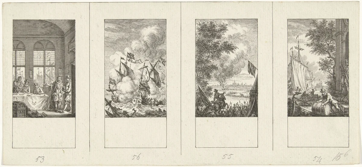 Vier episodes uit de vaderlandse geschiedenis by Simon Fokke, print, 1722-1784