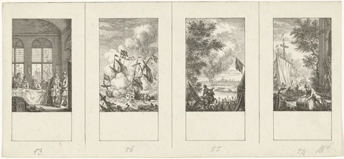 Vier episodes uit de vaderlandse geschiedenis by Simon Fokke, print, 1722-1784