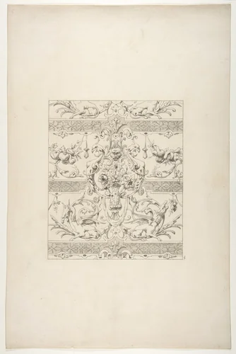 Design for a decorative motif featuring griffins and swags of fruit by Jules-Edmond-Charles Lachaise, drawing, 1830-1897