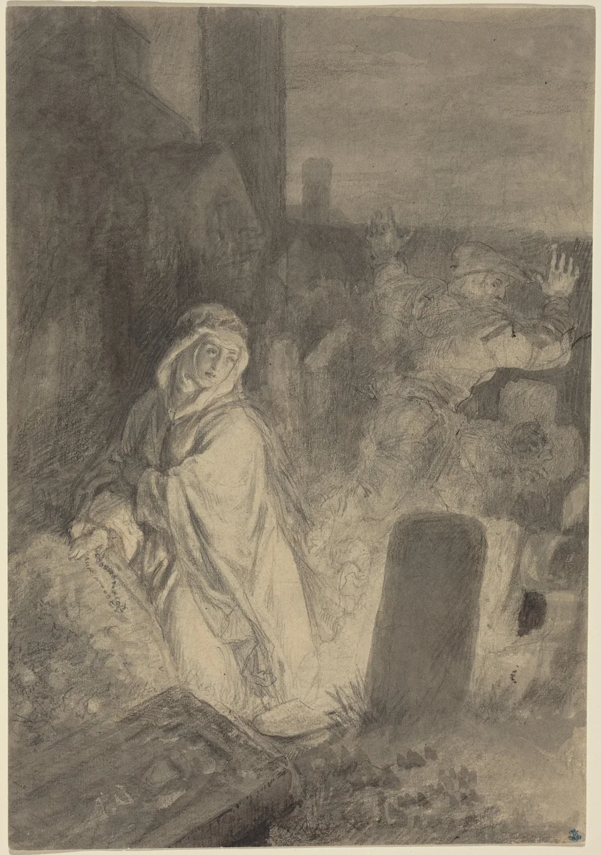 A Man Fleeing from a Nun Praying in a Cemetery by Joseph Fay, drawing, 1813-1875