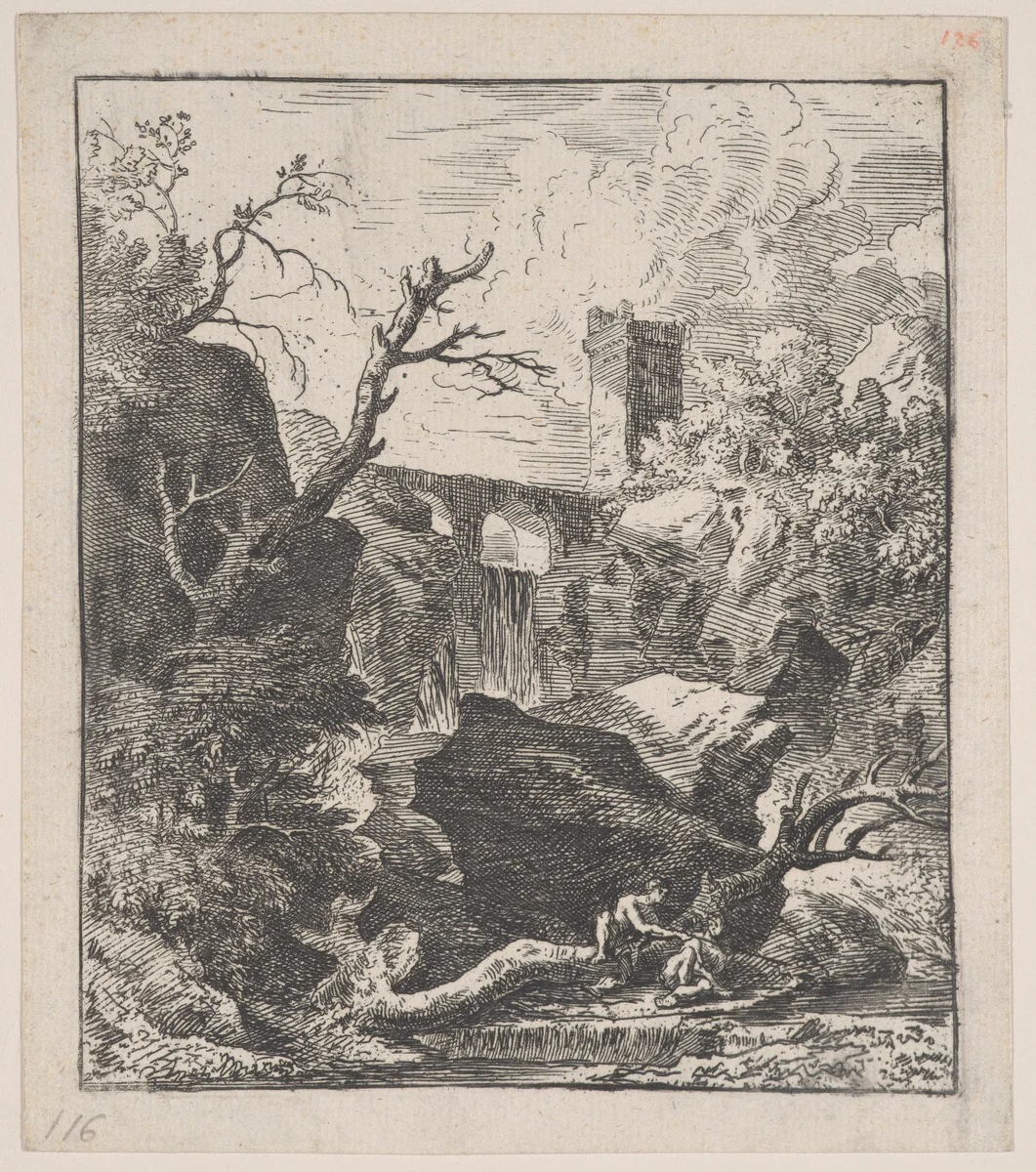 Plate 2: two figures sitting on a tree trunk on the bank of a stream in foreground, an aqueduct and tower in the background, from 'Landscapes in the manner of Gaspar Dughet' by Franz Joachim Beich, print, 1695-1730