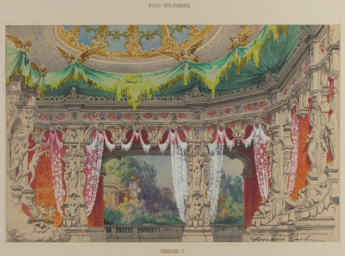 Stage Set Design for a Ballet: Don Parasol by Carlo Ferrario, drawing, 1869