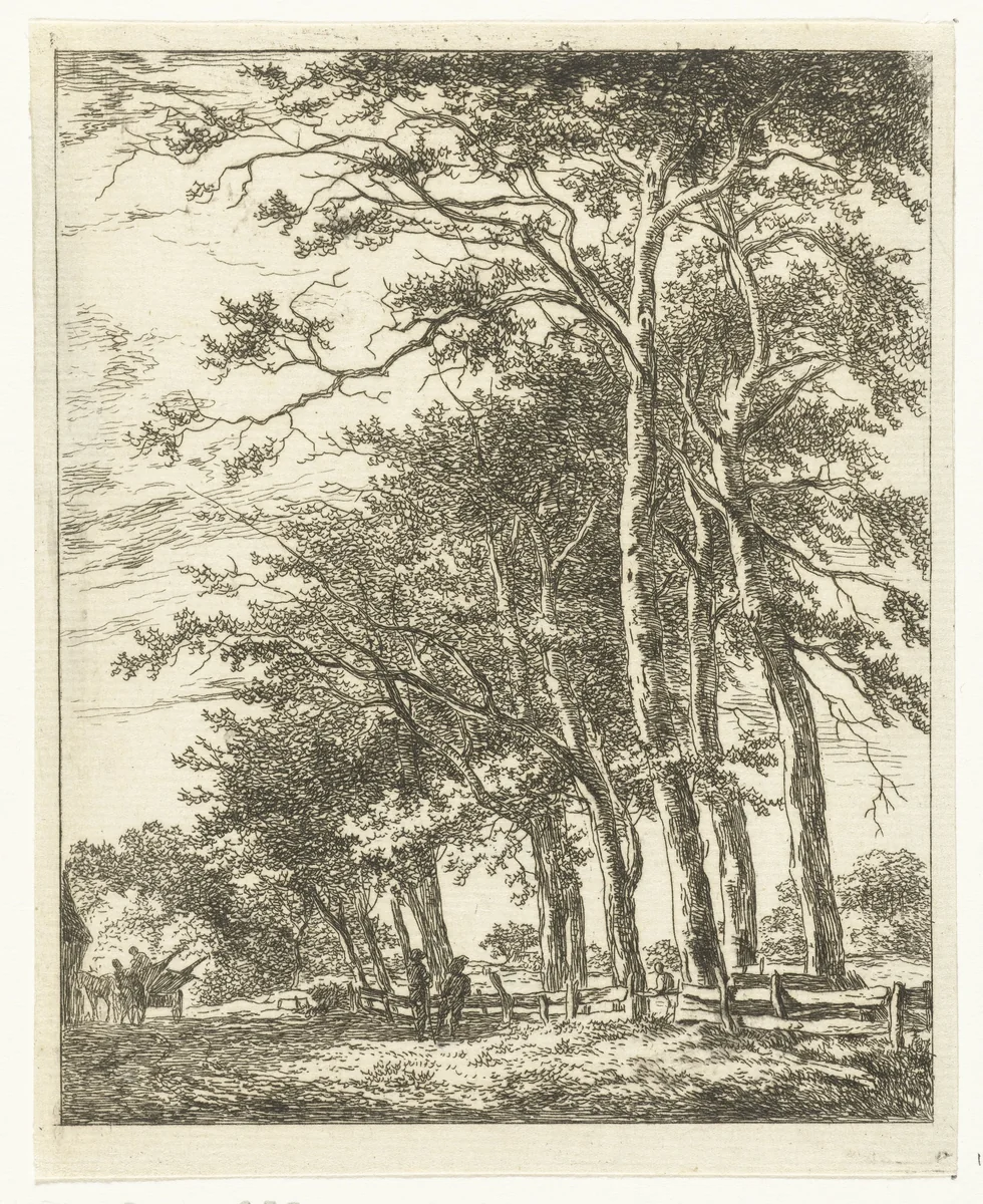 Twee staande figuren bij hoge boomen by Hermanus van Brussel, print, 1800-1815
