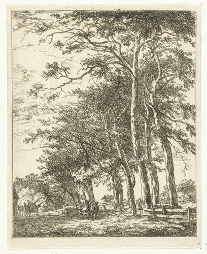 Twee staande figuren bij hoge boomen by Hermanus van Brussel, print, 1800-1815